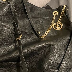 Michael Kors Black Leather Shoulder Bag with Gold Chain
